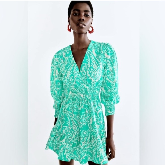 NWOT Zara Linen Blend Tropical Print Ruffled Dress Green 3/4 Sleeve Size M - Picture 2 of 13